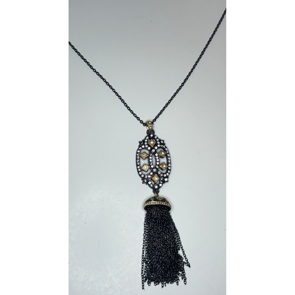 2000s Gunmetal Boho Rhinestone Tassel Pendant Necklace 30 Inch Long Chain